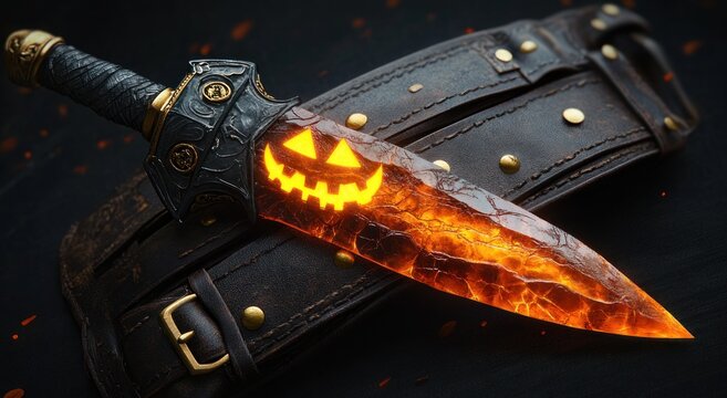 ornate dagger with molten lava-like blade carved with glowing jack-o'-lantern face resting on worn leather sheath, eerie Halloween vibe