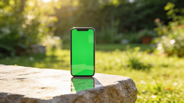 Smartphone Mockup with Green Screen Display on Stone in Sunny Garden