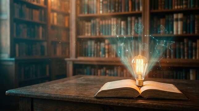 Digital Illustration of Glowing Light Bulb on Open Book in Library with Geometric Holograms Representing Innovation and Scientific Research