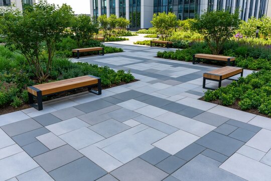 Plaza courtyard with modern stone paving benches and lush green urban landscaping