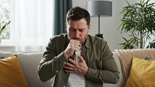Man experiencing discomfort on the couch.
