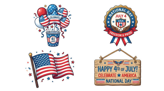 Set of hand drawn 4th of july independence day illustrations