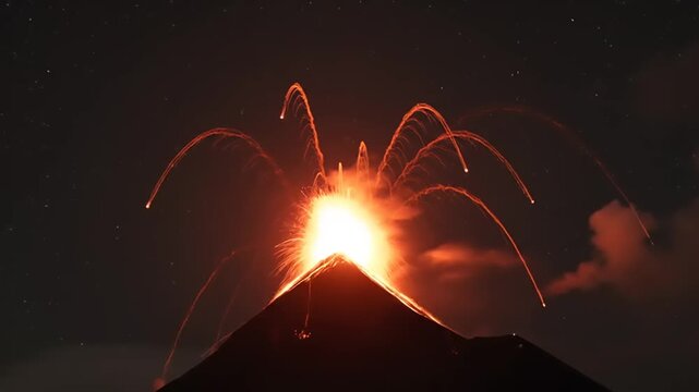 Volcanic eruption at night with lava and smoke.