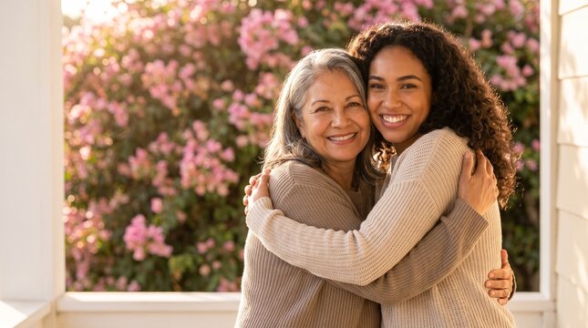 Multi generational women hugging outdoors with pink flowers in background