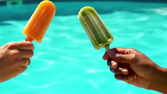 Hands holding colorful popsicles by pool.