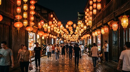 Naklejka premium Crowded Street Lined With Traditional Chinese Lanterns at Night