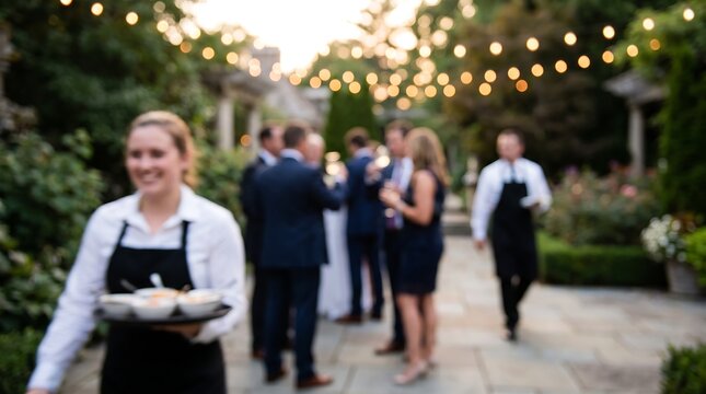 Waitress carrying appetizer bowls through garden party with blurred guests and warm string lights in soft focus outdoor evening social event environment