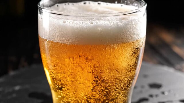 Refreshing golden beer pouring into a glass, creating foam, close-up shot.