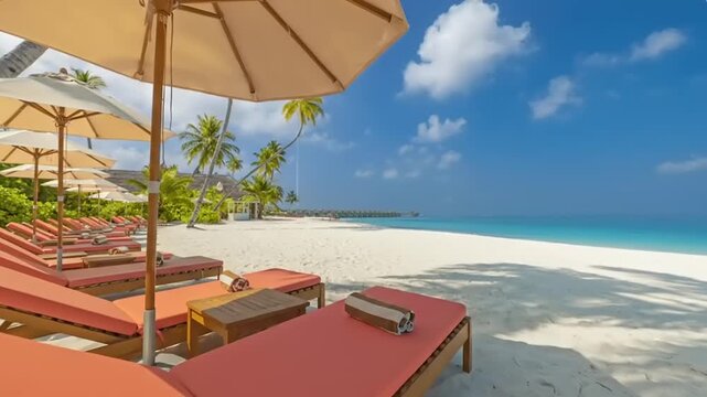 Serene beach scene with lounge chairs and umbrellas.