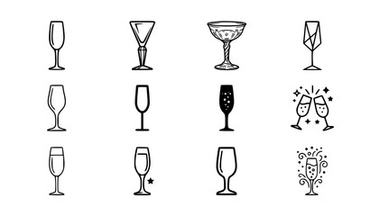 Champagne Glass Vector Pictogram Set Featuring Coupe Geometric Toast And Festive Confetti Sparkle Icon Designs © MdShagarAli