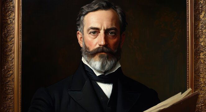 Anonymous formal portrait of a bearded man in a black suit and bow tie holding an open book in an ornate gold frame, serious and contemplative mood