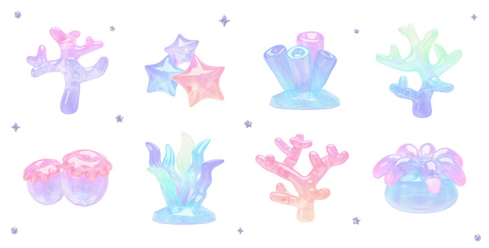 Dreamy Kawaii 3D Puffy Ocean Plant Sticker Set with Transparent Background, Pastel Yumekawaii Sea Coral Character Collection