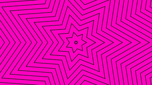 Abstract seamless loop animation of expanding pink star tunnel with bold black outlines. Vibrant pink psychedelic optical illusion background perfect for VJ loops, music videos, retro 90s aesthetic