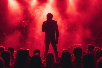 Naklejka premium silhouetted singer on stage in red haze with microphone facing crowded audience, moody dramatic live concert scene