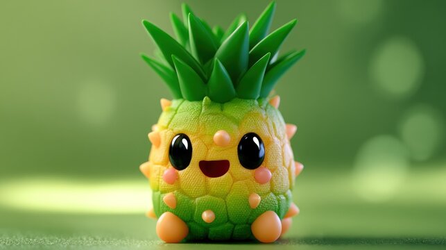 Chibi pineapple character with small feet on green background.