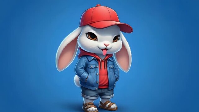 Cute cartoon bunny wearing red cap and blue denim jacket standing against blue background