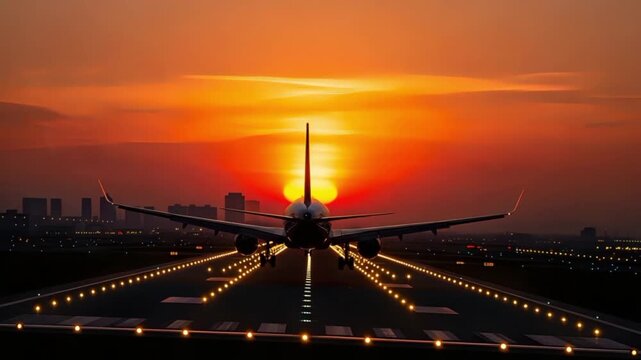 Commercial airplane landing on runway at sunset overlooking city skyline silhouette