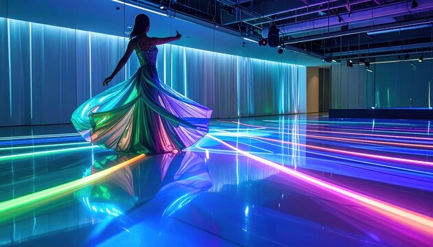 Woman in swirling gown dances in room with neon light projections and modern architecture