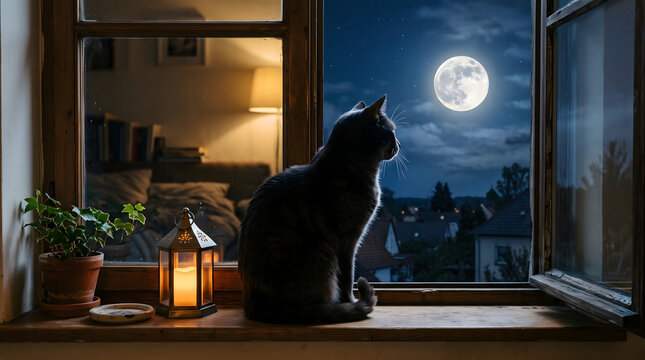 Silhouette of a cat watching the full moon through an open window at night with lantern with sitting windowsill looking lantern nearby contemplation with tranquility
