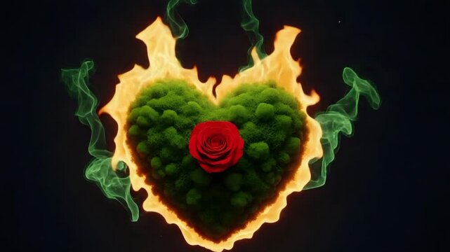 Red rose inside green moss heart burning with orange flames fire flower love passion flame