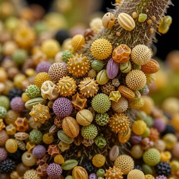 Extreme macro capture of flower pollen grains revealing microscopic details and vibrant textures. This unique botanical image bridges science and art, ideal for educational visuals, abstract backgroun