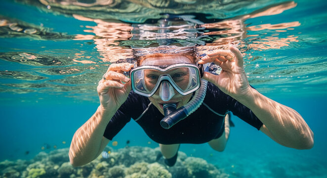 Active adult woman enjoying snorkeling in the crystal clear turquoise ocean water over a coral reef during a sunny tropical island holiday.