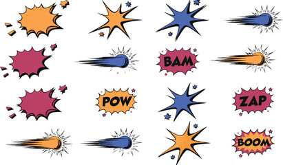 Colorful comic book explosion and crash sound effects on white background © Sadekul