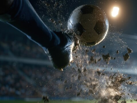 Cinematic soccer kick with debris and lights.