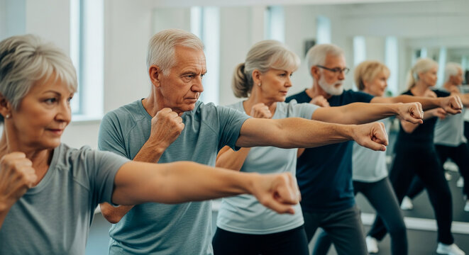 Active Senior Citizens Participating in a Group Martial Arts and Self Defense Fitness Class at a Modern Wellness Center for Healthy Aging