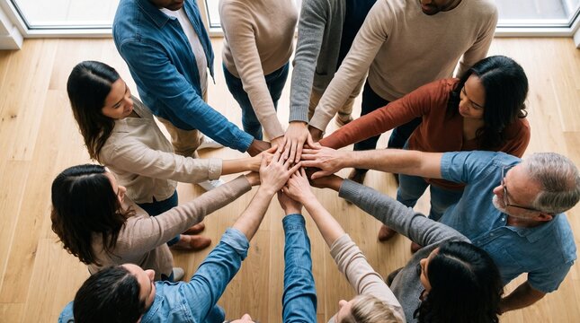 Diverse group stacking hands together