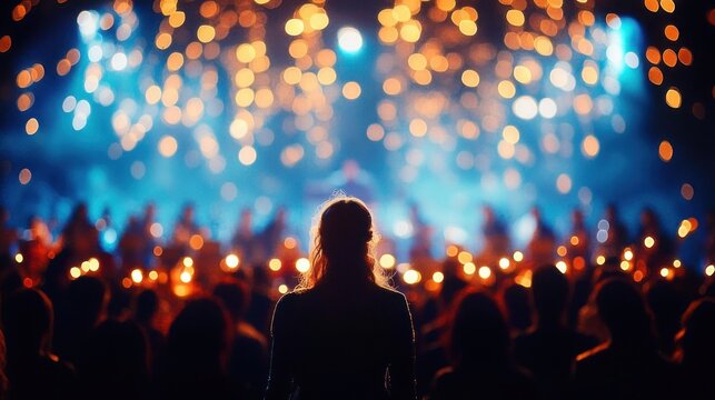 silhouetted figure facing a cheering crowd of glowing phone lights and lighters beneath warm bokeh and blue stage haze, conveying awe and excitement at a live music performance