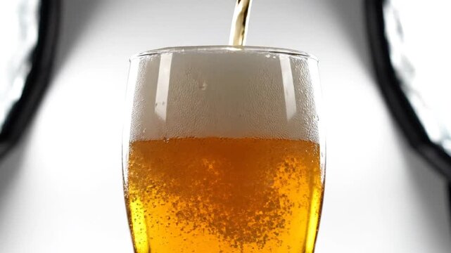 Refreshing beer pouring into a clear glass, creating foam and bubbles, close-up shot