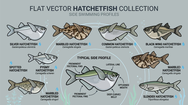 Flat vector collection of hatchetfish species showing side swimming profiles and anatomical details for biology study