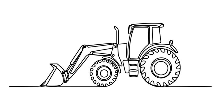 Continuous single line drawing of a farm tractor with a front loader bucket for agricultural work isolated on a plain white background for simple design Vector, illustration