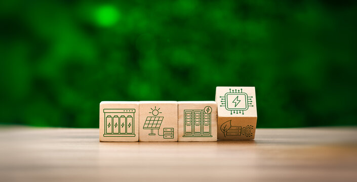 AI data center energy consumption concept with wooden blocks showing battery storage solar power server infrastructure digital chip and sustainable electricity management
