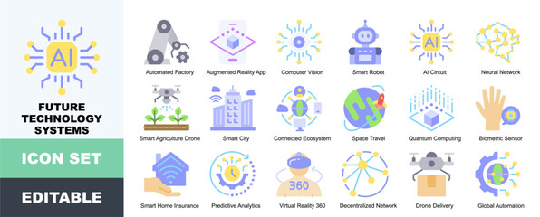 Obraz premium Future Technology Systems Icon Pack Featuring Automated Factory, Augmented Reality, Computer Vision, Smart Robot, Neural Network, Smart Agriculture, Connected Ecosystem