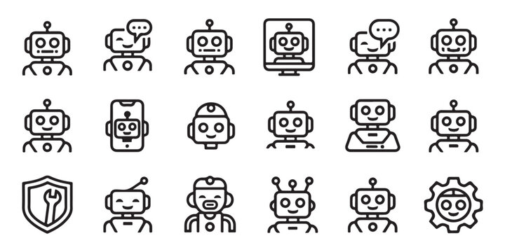 Set of line style robot icons representing artificial intelligence and automation features for digital user interface design on white background.