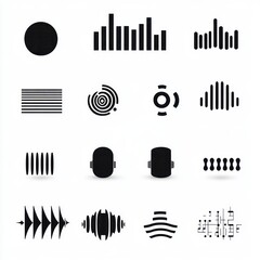 Obraz premium Sixteen black abstract audio and geometric icons arranged in a four-by-four grid on a white background, minimal modern rhythm and techy graphic style