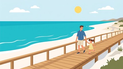 Fototapeta premium Happy father and daughter walking on a beach boardwalk under the sun