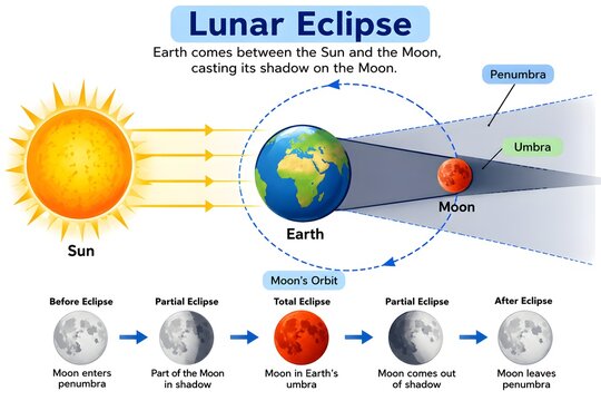 Astronomy Diagram of a Lunar Eclipse with Umbra and Penumbra Labels