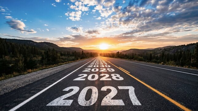 Empty asphalt road moving forward to upcoming years 2027 to 2032 at beautiful sunset sunrise background