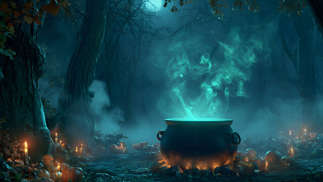 Mystical Halloween background featuring a glowing witch cauldron brewing a magical potion inside an enchanted forest under moonlight