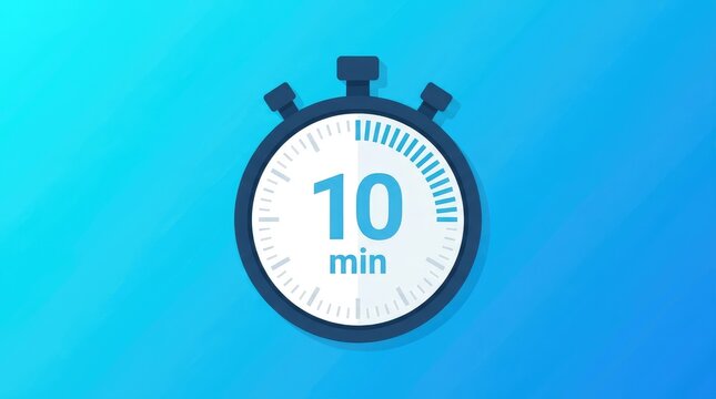 Modern blue digital stopwatch icon displaying ten minutes remaining on a vibrant gradient light background