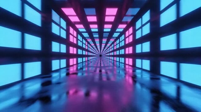 Neon lit corridor with grid ceiling.