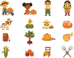 Obraz premium Cute Autumn Harvest and Farm Life Vector Icon Set Featuring Little Farmers Baby Animals Pumpkins Corn Apples and Autumn Vegetables for Thanksgiving Graphic Designs