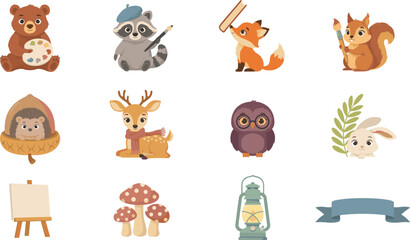 Obraz premium Cute Woodland School Animals Vector Icon Set with Smart Fox Owl and Artist Bear Raccoon Painting for Back to School Educational Graphic Designs