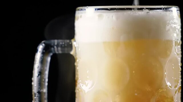 Golden Beer Poured into Frosted Mug with Foam, Refreshing Drink Close-up
