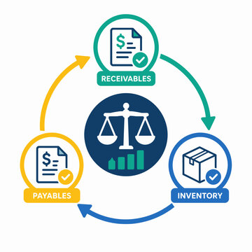 Working capital cycle infographic illustration with icons for receivables, payables, inventory, and financial balance