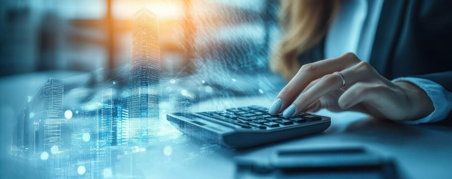 business professional pressing calculator keys at desk with holographic city skyline and digital data overlay, focused analytical mood