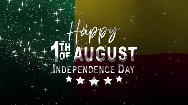 Happy Benin independence day text animation with waving flag and fireworks. Suitable for festive posters, banners, social media posts, and promotional materials.